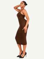 Side view of dark brown seamless bodycon dress.