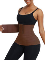 Woman in mocha brown tummy wrap holding the band end, showing hook-and-loop closure.