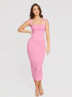 Woman in candy pink square-neck shaper dress, front view.