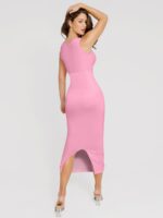 Back view of pink seamless maxi dress with back slit.