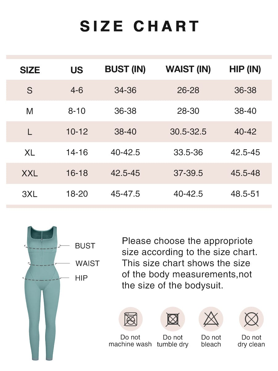 Official size chart with bust, waist and hip measurements for sizes S to 3XL