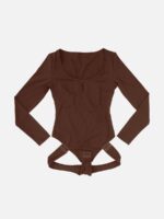 Dark brown bodysuit laid flat showing scoop neckline and hook straps.