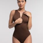 Ribbed Zip-Front Sleeveless Shaping Brief Bodysuit