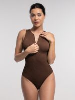 Ribbed Zip-Front Sleeveless Shaping Brief Bodysuit