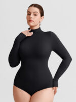 Woman in black mock-neck shaping bodysuit.