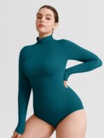 Woman in coral blue seamless snap bodysuit.
