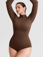 Woman in mocha brown second-skin bodysuit.