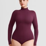 Woman in plum red turtleneck long-sleeve bodysuit.