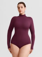 Woman in plum red turtleneck long-sleeve bodysuit.