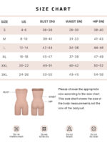 Official size chart with bust, waist and hip measurements for sizes S to 3XL.