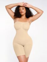 Woman in soft nude butt-lifting shapewear, front view.