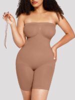 Woman in warm nude seamless mid-thigh shaper, front view.