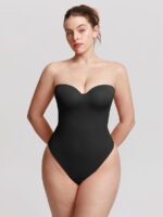 Woman wearing the black underwire sweetheart bodysuit, front view.