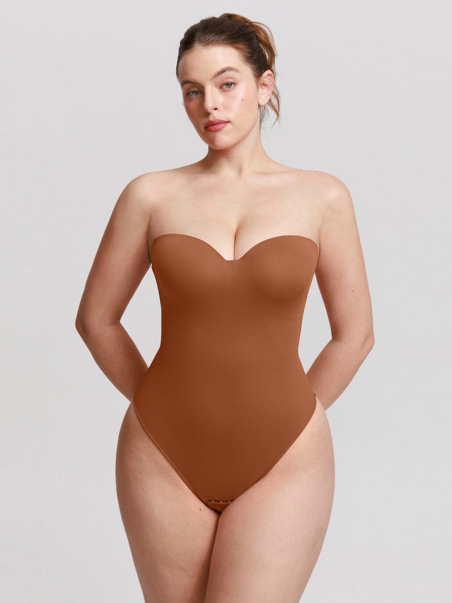 Woman wearing the caramel brown underwire strapless thong bodysuit