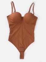 Caramel brown bodysuit laid flat showing straps and hook crotch.