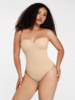 Woman wearing the macaron beige molded-cup thong bodysuit.