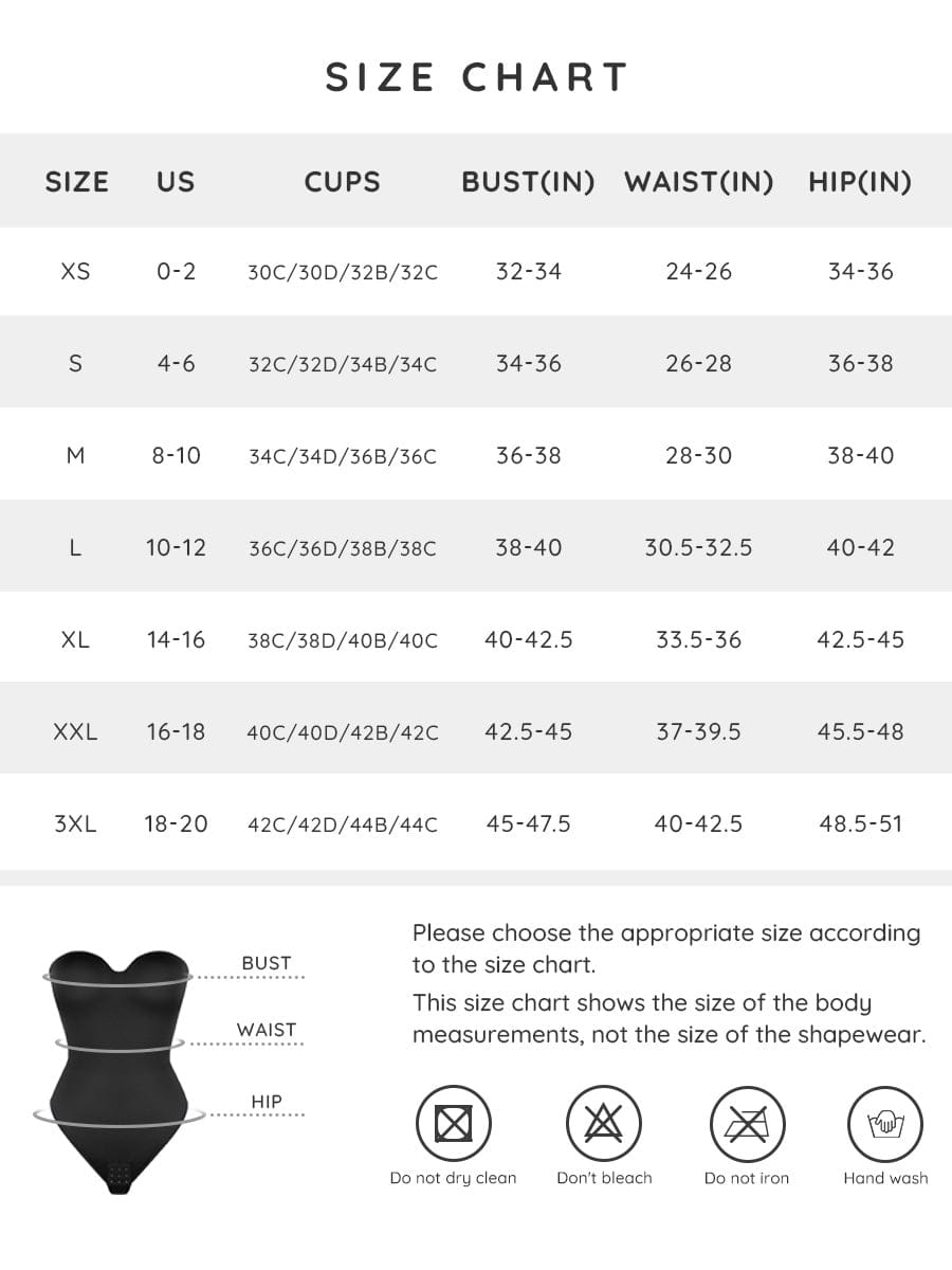 Official size chart with cups and body measurements